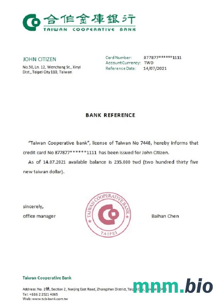 Tajwan Tajwan Bank Spółdzielczy przykład odniesienia w formatach Word i PDF